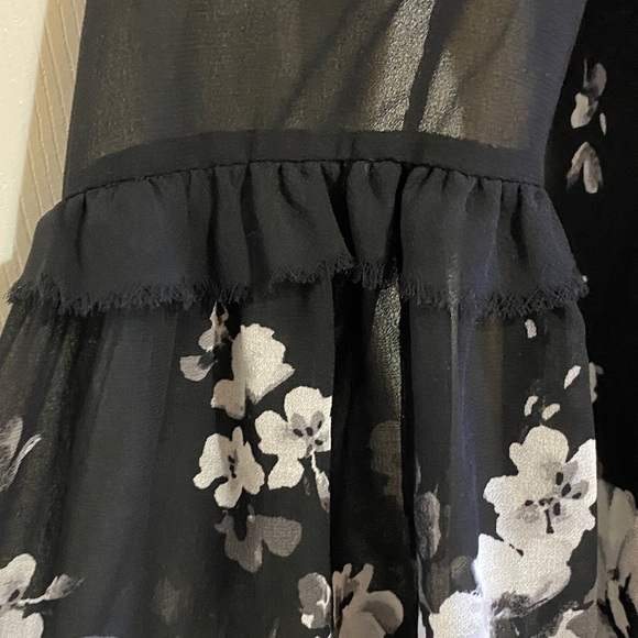 White House Black Market Chic Sheer Black Floral Blouse—bell sleeves/choker neck - Picture 2 of 9